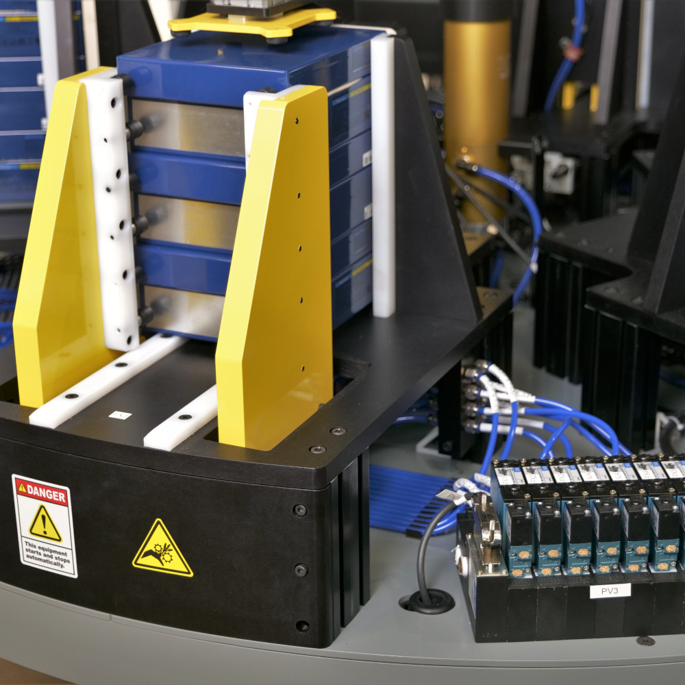 Close-up of Pneumatic Clamping Fixture for Lithium Battery Stacks